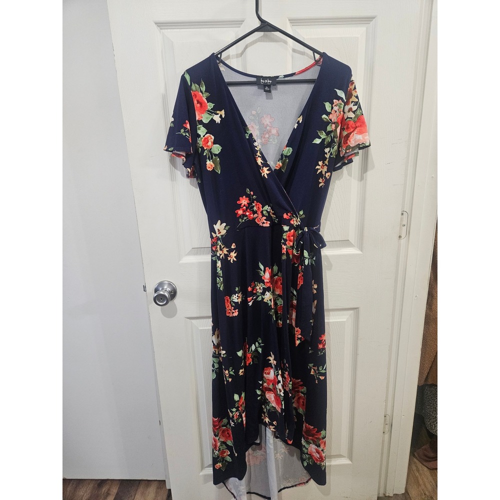 By & By‎ Navy Floral Faux Wrap High Low Midi Dress XL Short Sleeve V-Neck